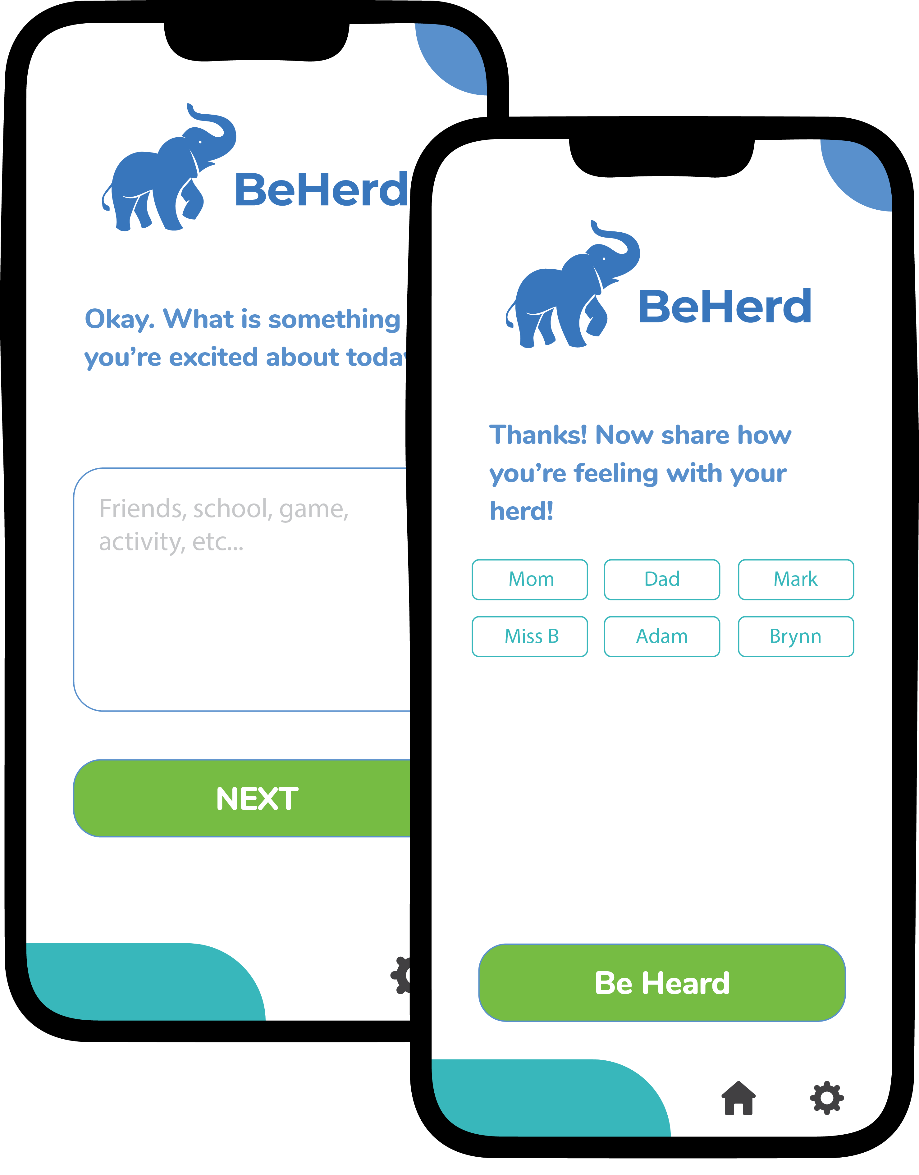 Screen shots of BeHerd Daily Check-In and Share