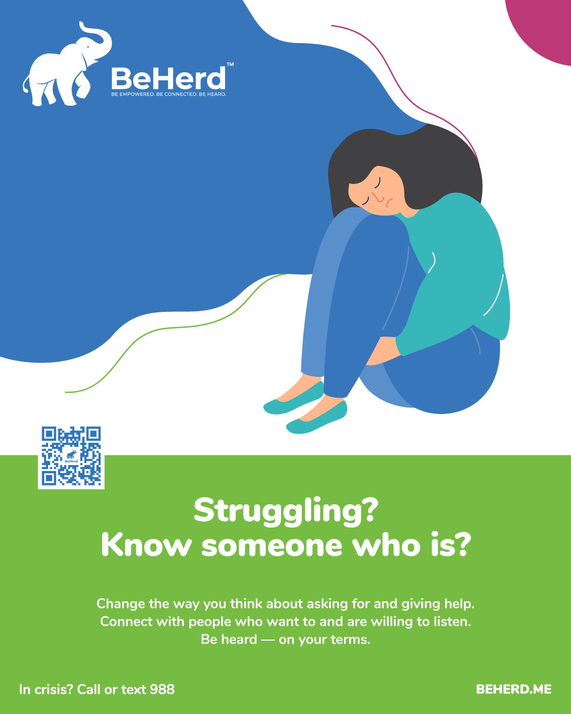 Photo of BeHerd poster, "Struggling or Know Someone Who Is?"